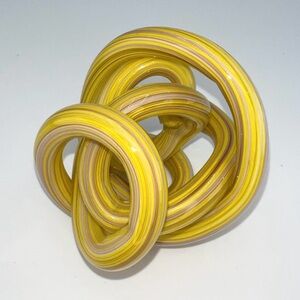 Art Glass Infinity Knot Paperweight Yellow, White, Light Brown Glass Modern